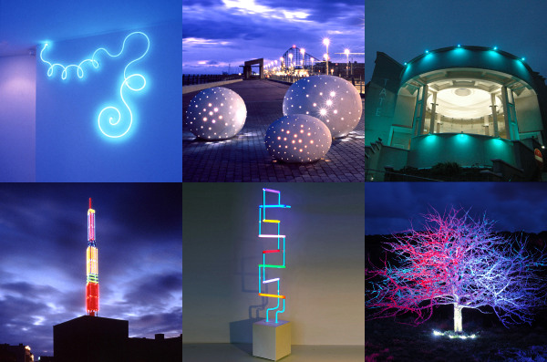 A collage of six photographs showing light sculptures and light installations by artist Peter Freeman