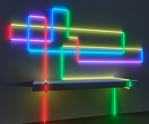 Desk Landscape is a colour changing LED strip light sculpture inspired by West Cornwall landscape in Exchange gallery