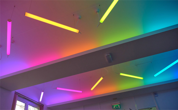 Multicoloured art light LED ceiling installation for juice bar room at the Treyla community centre Penzance