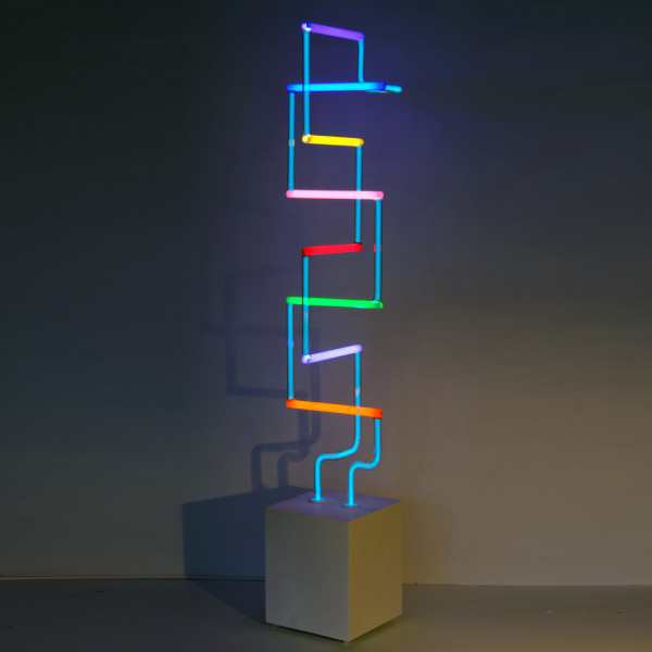 Nanjizal is a free standing multicoloured geometric neon sculpture inspired by the landscape of West Cornwall