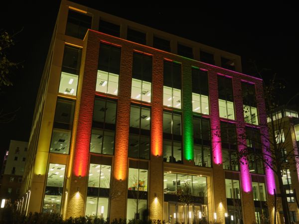 Reflex is an interactive LED art light installation illuminating a new office building in Cambridge with dynamic colour